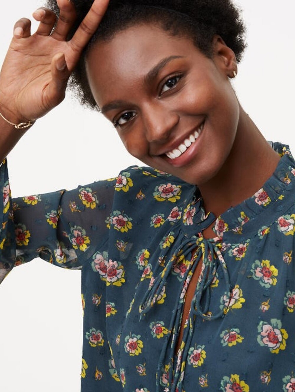 LOFT Teal Floral Tie-Neck Blouse